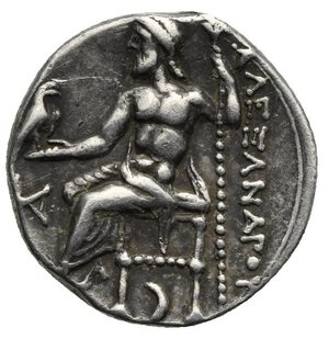 reverse: KINGS OF MACEDON. Alexander III  the Great , 336-323 BC. Drachm (Silver, 17.64 mm, 4.14  g). Posthumous issue in the name and types of Alexander III. Kolophon, circa 310-301 BC. Head of Herakles to right, wearing lion s skin headdress. Rev. AΛEΞANΔPOY Zeus seated left on throne, holding eagle with closed wings in his extended right hand and scepter in his left; below throne, crescent; in field to left, monogram KA. Price 1825. SNG Cop. 912. Muller 275. Toned. Good Very Fine.
From a European collection formed prior to 2005.