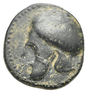 obverse: KINGS OF MACEDON. Kassander, circa 305-298 BC. Bronze (Bronze, 17.45 mm, 3.52 g).  Uncertain mint in Caria. Calchedian helmet with nose and cheek guards left. Rev. BAΣIΛEΩΣ KAΣΣANΔPOY Spear head. SNG Copenhagen 1163; HGC 3.1, 999. SNG München 1035. Dark brown patina with deposit. Good Very Fine.
From a European collection formed prior to 2005.