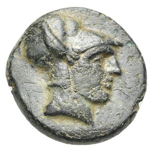 obverse: KINGS OF MACEDON. Demetrios I Poliorketes, 306-283 BC. Bronze (Bronze, 17.00 mm, 3.67 g), Salamis on Cyprus, 300-295 BC. Head of Athena to right, wearing Corinthian helmet. Rev. B A Prow of a galley to right; below, monogram. Newell, Demetrius, 20. SNG Alpha Bank 945. SNG Cop. 1194. SNG München 1052-1054. HGC 3.I, 1026a. Green patina. Some small scratches and deposits, otherwise, Near Extremely Fine.
From a European collection formed prior to 2005.