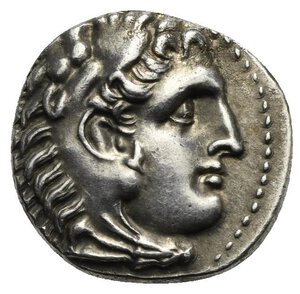 obverse: KINGS OF MACEDON. Alexander III  the Great , 336-323 BC. Drachm (Silver, 17.64 mm, 4.23  g). Posthumous issue in the name and types of Alexander III. Miletus, circa 295-275 BC. Head of Herakles to right, wearing lion s skin headdress. Rev. [AΛE]ΞANΔPOY Zeus seated left on throne, holding eagle with closed wings in his extended right hand and scepter in his left; below throne, double axe; in field to left, monogram within circle. Price 2148. SNG Cop. 896. Muller 1139. HGC 3.I, 1015. Toned. Slightly off-center, otherwise, Extremely Fine.
From a European collection formed prior to 2005.