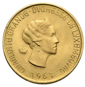 obverse: LUXEMBOURG. Charlotte, 1919-1964. Commemorative 20 Francs 1963 (Gold, 21 mm, 6,45 g) 1000th anniversary of the founding of Luxembourg. CHARLOTTE GRANDE DUCHESSE DE LVXEMBOURG 1963 Head right. Rev. + S IVDICIS ET COMVNITATIS LVCENBORGENSIS Tower with 3 battlements. KM. X. M2b; Weiller 84. Extremely Fine.