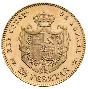 reverse: SPAIN. Alfonso XII,1874-1885. 25 Pesetas 1876 1876 (*18-76). D.E.-M. (Rayitas). (Gold, 24 mm, 8,07 g). Madrid. ALFONSO XII POR LA G. DE DIOS Head of Alfonso XII to right, 1876 below. Rev. REY CONSTL. DE ESPAÑA Crowned arms, 25 PESETAS below. Cal. 1; N 14830; KM 67.; Friedberg 342. Good Extrenely Fine.