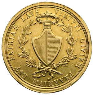obverse: Switzerland. Ticino. Medal 1803 “dei Consiglieri”. (Gold, 35.50 mm. 25.70 g) VIRTVTI CIVIVM PRAEMIVM EST PATRIAE LAVS Cantonal coat of arms surmounted by a crowned fasces between two laurel branches. Rev. In the field, in an oak wreath, the inscription PAGI TICINENSIS LIBERA COMITIA XX MAII MDCCCIII and around HELVETIORUM FOEDUS AEQUE RENOVATUM. Della Casa p. 141; Wund 2843; Leu Schweizer Medaillen n. 1385. Extremely rare. A few minor edge-bumps, About extremely fine/Very fine.
This was the first official coinage commissioned by the Canton of Ticino, known as Councillor’s medal. It was intended as remuneration for the deputies of the Grand Council as the Ticino constitution did not provide for remuneration for councillors - E’ questa la prima coniazione ufficiale fatta eseguire dal Canton Ticino, detta “dei Consiglieri”. Era destinata quale compenso ai deputati del Gran Consiglio in quanto la costituzione ticinese non prevedeva compensi per i consiglieri.