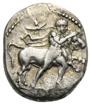 obverse: THESSALY. Larissa. Circa 420-400 BC. Drachm (Silver, 20.80 mm, 5.95 g). The hero Thessalos naked on the right, with chlamys and petasos fluttering on his shoulders; holds a band with both hands around the forehead of a bull leaping right; all within a dotted border. Rev. ΛΑΡΙ / ΣΑΙΑ Bridled horse with trailing rein prancing right; all within shallow incuse square. Lorber, Thessalian Hoards and the Coinage of Larissa, AJN 20, 2008, Taf. 42, 53. BCD Thessaly II, 171 var.(ethnic). HGC 4, 418 var.(ethnic). SNG Cop. 107. BMC Thessaly to Aetolia, 27, 30.  Toned and well centered. Some deposits, otherwise, Good Very Fine.
