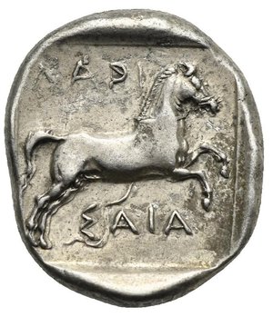 reverse: THESSALY. Larissa. Circa 420-400 BC. Drachm (Silver, 20.80 mm, 5.95 g). The hero Thessalos naked on the right, with chlamys and petasos fluttering on his shoulders; holds a band with both hands around the forehead of a bull leaping right; all within a dotted border. Rev. ΛΑΡΙ / ΣΑΙΑ Bridled horse with trailing rein prancing right; all within shallow incuse square. Lorber, Thessalian Hoards and the Coinage of Larissa, AJN 20, 2008, Taf. 42, 53. BCD Thessaly II, 171 var.(ethnic). HGC 4, 418 var.(ethnic). SNG Cop. 107. BMC Thessaly to Aetolia, 27, 30.  Toned and well centered. Some deposits, otherwise, Good Very Fine.
