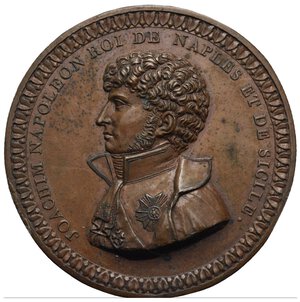 obverse: Gioacchino Napoleone Murat, 1767- 1815, King of Naples. Plaquette 1808. (Copper, 44.31 mm, 5.96 g). JOACHIM NAPOLEON ROI DE NAPLES ET DE SICILE Bust in high uniform on the left with high lapel, cloak, thin embroidered tie and honors on chest and shoulder. Circular laurel decoration at the border. For the same type but different medal and size, see: Siciliano 64 var.; Bramsen 731 var. FDC.
In 1808 Gioacchino Murat was appointed king of Naples by Napoleon and already known as 