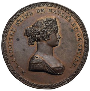 obverse: Maria Annunziata Carolina Bonaparte Murat, 1782-1839. Plaquette. 1808. (Copper, 44.96 mm, 5.21 g). M A CAROLINE REINE DE NAPLES ET DE SICILIE Paludate bust right with deep square-neck dress; chignon hairdo with dangling braids and tiara. Circular decoration at the border. Bramsen 734; Siciliano 14. FDC. Rare.
This plaquette and one very similar to this, representing Gioacchino Napoleone Murat, husband of Carolina Bonaparte were commissioned in honor of their nomination as regal couple governing Naples and Sicilie. 