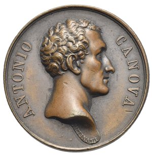 obverse: Antonio Canova, 1757-1822. Laudatory medal, 1817 (Bronze, 34 mm, 22.52 g) by F. Putinati. ANTONIO CANOVA Bare headed bust right; on the neck cut, PUTINATI. Rev. AL SECOLO DECIMO NONO in three lines; Hermes helmet above, helmeted bust right below; all within a circular line in the shape of a snake biting its tail. Forrer p. 711. Essling 2699. Extremely fine.                                        
Ex Astarte XIII, 12-13 September 2003, lot 1684.  