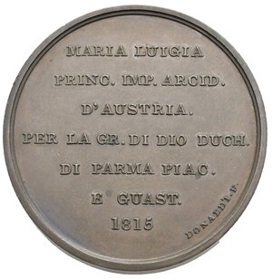 reverse: Maria Luigia of Austria, Duchess of Parma, Piacenza and Guastalla, 1815-1847. Medal 1815 by Donaldi. (Bronze, 40.11 mm, 38.85 g). Empress bust right with tiara, eardrops and an elaborate chignon embelished by two strings of pearls. Rev. MARIA LUIGIA PRINC IMP ARCID D’AUSTRIA PER LA GR DI DIO DUCH DI PARMA PIAC E GUAST 1815 In the field on seven lines; at right, in the circle, DONALD’I F. Bramsen 1695; Julius 3435; TNE 67.4. Very rare.