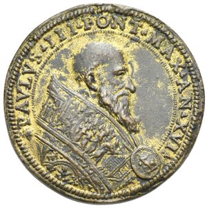 obverse:  Paolo III, Pope, Alessandro Farnese, 1534-1549. Hybrid medal c. 1550 by Cesati called “the grechetto” for the obverse. (Gilted bronze, 40.74 mm) PAVLVS III PONT MAX AN XVI Bare-headed bust right with cope adorned with the scene of the opening of the Saint Door and fastened by ornate studding. Rev. Anepigraph. Shield upon decussed keys surmounted by papal tiara. CNORP 348 var. (for obverse); Johnson 46 var. (for obverse); Armand II 17 var. (for obverse).   Very Fine.