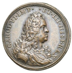 obverse: Austria and Holy Roman Empire, Charles VI, 1685-1711-1740. Medal, undated, signed H. (Copper, 24.30 mm, 7.32 g.). CAROLVS VI IMP ET III HISP REX Bewigged and armoured bust right. Rev. COELO CONCEPTA SERENO Open oyster shell revealing a pearl, floats on a calm sea, in exergue FOECVNDITATI AVGVSTAE. About extremely fine . 
In 1700 Charles had unsuccessfully claimed the throne of Spain as Charles III following the death of its ruler Charles II. 