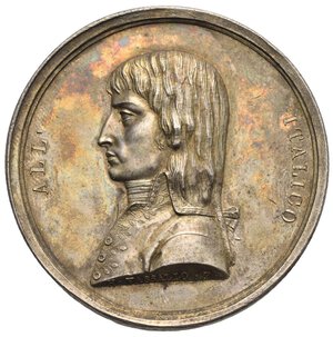 obverse: France, First Republic. Napoléon Bonaparte, as General de l armée d Italie. Medal dated 9 July 1797. (Silver, 47.78 mm, 45.58 g). Dies by Vassallo and Salwrick. ALL’ITALICO Bust left in uniform with broidered collar, long hair flowing to the shoulders; on the bust cut, H VASSALLO. Rev. L’INSUBRIA LIBERA Peace holding an olive branch in the act of attending France, with crested helmet, while posing a phrigian cap on Lombardy head; a small genius holds Lombardy by hand. On the exergue line, right, J S F (Salwerick Josef). At the exergue, IX LUGLIO MDCCLXXXXVII. Julius 556; Essling 710; Millin 14, tav. V; Dani 11; Zeitz -. Near Mint State; beautiful old cabinet tone. Very Rare in silver.
Commemoration of the foundation of the Cisalpine Republic. 