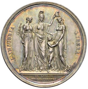 reverse: France, First Republic. Napoléon Bonaparte, as General de l armée d Italie. Medal dated 9 July 1797. (Silver, 47.78 mm, 45.58 g). Dies by Vassallo and Salwrick. ALL’ITALICO Bust left in uniform with broidered collar, long hair flowing to the shoulders; on the bust cut, H VASSALLO. Rev. L’INSUBRIA LIBERA Peace holding an olive branch in the act of attending France, with crested helmet, while posing a phrigian cap on Lombardy head; a small genius holds Lombardy by hand. On the exergue line, right, J S F (Salwerick Josef). At the exergue, IX LUGLIO MDCCLXXXXVII. Julius 556; Essling 710; Millin 14, tav. V; Dani 11; Zeitz -. Near Mint State; beautiful old cabinet tone. Very Rare in silver.
Commemoration of the foundation of the Cisalpine Republic. 