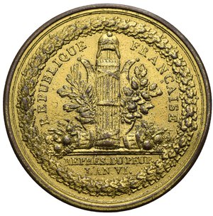 obverse: France, First Republic. Council of the five hundred. Medal by Gatteaux. Paris, 1798 (an. VI). Medal. (Gilted copper, 50 mm, 44.37 g). RÉPUBLIQUE FRANCAISE Fasce  surmounted by the cap of Liberty; laurel and oak branches at sides and horns of plenty; in exergue, REPRÉS DU PEUP L AN VI. Rev. CONSEIL DES CINQ-CENTS Triangle and tablet within snake on which, CONSTITUTION DE L AN TROIS. Cfr. Hennin 846; Julius 617; Essling 750, TNR 69.3. Good very fine.

