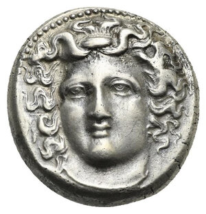 obverse: THESSALY. Larissa. Circa 356-342 BC. Drachm (Silver, 19.10 mm, 6.56 g). Head of the nymph Larissa facing, turned slightly to the left, wearing ampyx and triple pendant earring. Rev. [Λ]ΑΡΙΣ / ΑΙΩΝ Horse to right, preparing to roll over. BCD Thessaly II 315. HGC 4, 453. SNG Cop. 120-121. BMC Thessaly to Aetolia, 29, 57-59. Wonderful style and light toning. Good Very Fine.






