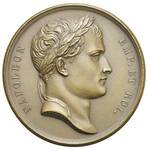 obverse: Napoleon I, King and Emperor of France. Medal 1806 by Andrieu (Bronze, 41.51 mm, 37.87 g). NAPOLEON EMP ET ROI Laureate head of Napoleon right; on the neck cut, ANDRIEU F. Linear bord. Rev. Napoléon as Jupiter seated on eagle flying to left, head to right, wearing billowing cloak and preparing to hurl thunderbolt, three dying Titans below; BATAILLE D JENA MDCCCVI In two lines in exergue; DENON D to lower left and GALLE F to lower right. Julius 1596; Bramsen 538. Extremely fine.
Commemoration of the battle of Jena.