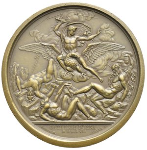 reverse: Napoleon I, King and Emperor of France. Medal 1806 by Andrieu (Bronze, 41.51 mm, 37.87 g). NAPOLEON EMP ET ROI Laureate head of Napoleon right; on the neck cut, ANDRIEU F. Linear bord. Rev. Napoléon as Jupiter seated on eagle flying to left, head to right, wearing billowing cloak and preparing to hurl thunderbolt, three dying Titans below; BATAILLE D JENA MDCCCVI In two lines in exergue; DENON D to lower left and GALLE F to lower right. Julius 1596; Bramsen 538. Extremely fine.
Commemoration of the battle of Jena.