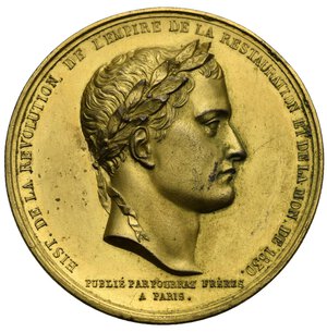 obverse: Louis-Philippe I (1830-1848) - Napoléon Ier. Medal 1844 by Montagny. The arrival of Napoleon s ashes at the Invalides in Paris. (Gilted copper, 52.57 mm, 72.81 g). HIST. DE LA REVOLUTION, DE L EMPIRE DE LA RESTAURATION ET DE LA MON. DE 1830. Laureate head of Napoleon I Bonaparte right, below in the exergue, PUBLIÉ PAR POURRAT FRÈRES A PARIS. Rev. Napoleon’s coffin is carried by his followers. In the center, France holding laurel and olive branches and a long garland while an angel holds the letter N on an altar, on which is engraved winged number I. Behind, the Invalides and, in the distance, the Belle-Poule; in the exergue: MONTAGNY FECIT. In the round, CUIVRE. Bramsen 1986; RdC 27. Extremely fine
The work by L. Vivien, “Histoire générale de la Révolution française, de l Empire, de la Restauration, de la Monarchie de 1830” was published by Pourrat frères in 1844. This medal was certainly an advertising medal commissioned by the publisher Pourrat Frères. Very fine hairlines for this superb gilded copper medal.