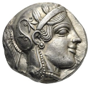 obverse: ATTICA. Athens. Circa 465/2-454 BC. Tetradrachm (Silver, 23.60, 14.29 g) Head of Athena right, wearing crested Attic helmet, decorated with palmette, and earring. Rev. AΘE vertical to right. Owl with closed wings standing right, head facing; olive branch to left and crescent, all within incuse square. Kroll 8; HGC 4, 1596; Starr pl. XXII, 1-3; Kraay & Hirmer 360-1. Attractive late 