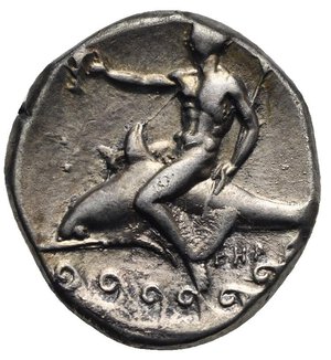 reverse: CALABRIA. Tarentum. Circa 330-325 BC. Nomos or didrachm (Silver, 20.0 mm, 7.73 g), struck under the magistrates Sim... and Her... Naked ephebus seated on horse to right, wreathed by Nike flying behind him; below, ΣΙΜ. Rev. [ΤΑΡΑΣ] Taras riding dolphin to left, holding a kantharos in his right hand and a trident with his left; below, ⊢ΗΡ above waves. Fischer-Bossert 777 (V306/R603). Vlasto 504. HN Italy 886. HGC 1, 784. SNG ANS 958. Light encrustation and deposits, otherwise, Good Very Fine. 
