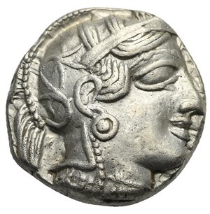 obverse: ATTICA. Athens. Circa 454-404 BC. Tetradrachm (Silver, 23.90 mm, 17.09 g) Head of Athena right, wearing crested Attic helmet, decorated with palmette, and earring. Rev. AΘE vertical to right. Owl with closed wings standing right, head facing; olive branch to left and crescent, all within incuse square. Kroll 8; HGC 4, 1597. Good Very Fine.
From a European collection formed prior to 2005.

