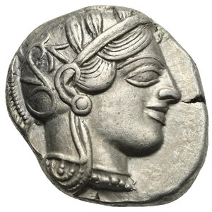 obverse: ATTICA. Athens. Circa 454-404 BC. Tetradrachm (Silver, 27.90 mm, 17.07 g) Head of Athena right, wearing crested Attic helmet, decorated with palmette, and earring. Rev. AΘE vertical to right. Owl with closed wings standing right, head facing; olive branch to left and crescent, all within incuse square. Kroll 8; HGC 4, 1597. Minor flan crack, otherwise, Extremely Fine. 

