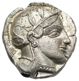 obverse: ATTICA. Athens. Circa 454-404 BC. Tetradrachm (Silver, 22.33 mm, 17.20 g) Head of Athena right, wearing crested Attic helmet, decorated with palmette, and earring. Rev. AΘE vertical to right. Owl with closed wings standing right, head facing; olive branch to left and crescent, all within incuse square. Kroll 8; SNG Copenhagen 31; Dewing 1591-8; HGC 4, 1597. Nice style, well centered and struck. Extremely Fine. 
