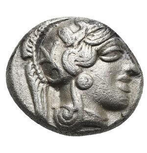 obverse: ATTICA. Athens. Circa 454-404 BC. Drachm (Silver, 13.17 mm, 4.07 g) struck after 449 BC. Head of Athena right, wearing crested Attic helmet, decorated with palmette, and earring. Rev. AΘE vertical to right. Owl with closed wings standing right, head facing; olive branch to left (crescent not visible or absent), all within incuse square. Kroll 10; HGC 4, 1631; SNG Copenhagen 41-3. Unusual oval shape. Good Fine.
From a European collection formed prior to 2005.
