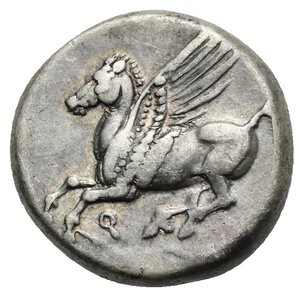 obverse: CORINTHIA. Corinth. Circa 350-300 BC. Stater (Silver, 25.00 mm, 8.56 g). Pegasus flying left, Ϙ below. Rev. Helmeted head of Athena left. A below chin, Thessalian helmet to right. Ravel 1040. Pegasi 402. BCD  Corinth 115. Toned. Very Fine.