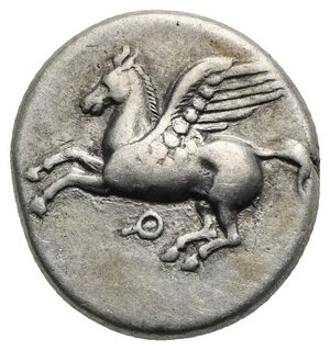 obverse: CORINTHIA. Corinth. Circa 350-300 BC. Stater (Silver, 21.30 mm, 8.44 g). Pegasus flying to left, below, Ϙ. Rev. Helmeted head of Athena right, wearing Corinthian helmet; behind head, forepart of chimera, pellet, K and reverted E. Calciati, I, 245, 365. Ravel 985. BCD Corinth-unlisted. Light toned with pleasing iridescent gold patina. Good Very Fine.