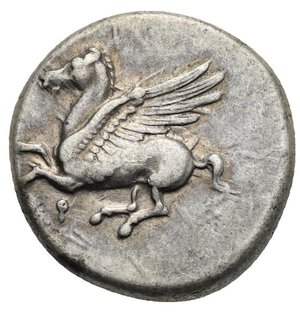 obverse: CORINTHIA. Corinth. Circa 350-300 BC. Stater (Silver, 21.00 mm, 8.56 g). Pegasus flying to left, below, Ϙ. Rev. Helmeted head of Athena left, wearing Corinthian helmet wreathed with laurel; behind, eagle standing left, head reverted right; below, A-P. Calciati, I, 262, 426. Ravel 1008. BCD Corinth, 101. Light toned with pleasing iridescent gold. Good Very Fine.