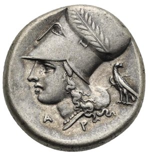 reverse: CORINTHIA. Corinth. Circa 350-300 BC. Stater (Silver, 21.00 mm, 8.56 g). Pegasus flying to left, below, Ϙ. Rev. Helmeted head of Athena left, wearing Corinthian helmet wreathed with laurel; behind, eagle standing left, head reverted right; below, A-P. Calciati, I, 262, 426. Ravel 1008. BCD Corinth, 101. Light toned with pleasing iridescent gold. Good Very Fine.