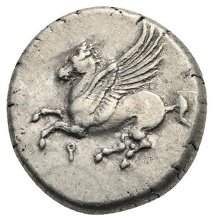 obverse: CORINTHIA. Corinth. Circa 350-300 BC. Stater (Silver, 20.50 mm, 8.56 g). Pegasus flying left, Ϙ below. Rev. Helmeted head of Athena left, wearing Corinthian helmet. In front of neck Δ; behind the neck guard I. Artemis running left holding flaming torch. Calciati, I, 268, 451. Ravel 1076. BCD Corinth-unlisted. Light toned. Good Very Fine.
