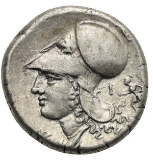 reverse: CORINTHIA. Corinth. Circa 350-300 BC. Stater (Silver, 20.50 mm, 8.56 g). Pegasus flying left, Ϙ below. Rev. Helmeted head of Athena left, wearing Corinthian helmet. In front of neck Δ; behind the neck guard I. Artemis running left holding flaming torch. Calciati, I, 268, 451. Ravel 1076. BCD Corinth-unlisted. Light toned. Good Very Fine.