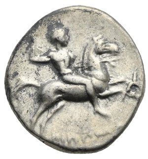 obverse: CALABRIA. Tarentum. Hippodamos magistrate, circa 272-240 BC. Didrachm (Silver, 21.80 mm, 6.35 g) [HIΠΠOΔA] in exergue. Warrior on horseback galloping right, raising javelin in the right hand to throw, magistrate’s name in exergue. Rev. TAPAΣ in exergue. Taras nude on dolphin to left, holding kantharos in the right hand and distaff on the left bent arm, ΔI below it, amphora to outer right. Vlasto 904; HN Italy 1040; SNG ANS 1224. Very Fine.






