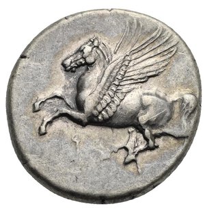 obverse: CORINTHIA. Corinth. Circa  350-300 BC. Stater (Silver, 22.10 mm, 8.55 g). Pegasus flying left, Ϙ below. Rev. Helmeted head of Athena left, wearing Corinthian helmet; I below chin, Nike flying left, holding tainia. Calciati, I, 260, 420. Ravel 1030. BCD Corinth, 111. Light toned with pleasing iridescent gold. Good Extremely Fine.