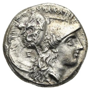 obverse: LUCANIA. Herakleia. Circa 281-278 BC. Stater  (Silver, 20.00 mm, 7.73 g). ˫ΗΡΑΚΛΗΙΩΝ Head of Athena to right, wearing Corinthian helmet adorned with Skylla hurling a stone on the bowl; behind her neck, E. Rev. APIΣ Herakles standing facing, head to left, holding club in his right hand and bow and arrow in his left; lion skin draped over his left arm; to upper left, owl standing. HN Italy 1385. Van Keuren 87. Well centered, some corrosion, otherwise, near Extremely Fine.