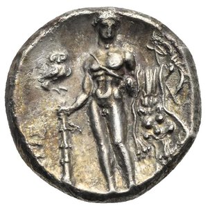 reverse: LUCANIA. Herakleia. Circa 281-278 BC. Stater  (Silver, 20.00 mm, 7.73 g). ˫ΗΡΑΚΛΗΙΩΝ Head of Athena to right, wearing Corinthian helmet adorned with Skylla hurling a stone on the bowl; behind her neck, E. Rev. APIΣ Herakles standing facing, head to left, holding club in his right hand and bow and arrow in his left; lion skin draped over his left arm; to upper left, owl standing. HN Italy 1385. Van Keuren 87. Well centered, some corrosion, otherwise, near Extremely Fine.