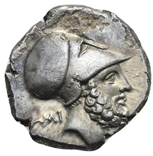 obverse: LUCANIA. Metapontum. Circa 340-330 BC. Nomos (Silver, 21.20mm, 7.60 g). Helmeted head of Leukippos to right; behind, AMI. Rev. META Barley ear with leaf to right; above leaf, thunderbolt. Johnston Class B, 4; HN Italy 1577. Some corrosion, otherwise, Extremely Fine. Rare.