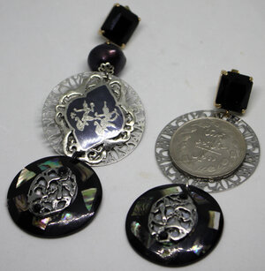 obverse: ORECCHINI  filigrana argento, spilla persiana vintage in argento 925 laccato, basi in resina e madreperla. Rial Iran