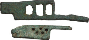 obverse: TWO ROMAN PADLOCKS  Roman period, c. 1st to 3rd century AD.   Lot of two roman bronze lock patches.  Lenghts: 70 and 47 mm