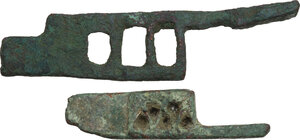 reverse: TWO ROMAN PADLOCKS  Roman period, c. 1st to 3rd century AD.   Lot of two roman bronze lock patches.  Lenghts: 70 and 47 mm