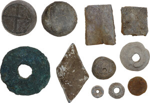 obverse: ELEVEN ANCIENT WEIGHTS  Central Europe, 1st millennium BC - 1st millennium AD.  Lot of eleven ancient weights, of different shapes and weights, one in bronze and ten made of lead.  Weights: from 145 to 5 g