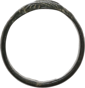 obverse: ENGAGEMENT BRONZE RING  Early Medieval period, c. 7th-12th century AD.  Ancient wedding/engagement bronze ring, with two clasped hands engraved on the bezel.  Inner diameter: 19 mm