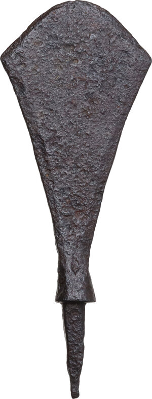 reverse: MONGOL IRON ARROWHEAD  Mongol Empire, c. 1200 AD.  Iron arrow with flat profile and crescent tip of Mongolian production.  Dimensions: 69x26 mm