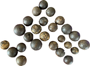 obverse: TWENTYFIVE IRON PROJECTILES  Medieval to Modern period, c. 13th-19th century AD.  Lot of twenty-five iron projectiles of various sizes, for weapons of different caliber, probably serpentine and musket.  Dimensions: from 37 to 22.5 mm