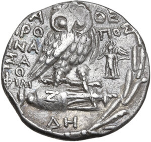 reverse: Attica, Athens. AR Tetradrachm. New Style coinage. c. 128/7 BC. Aropos, Menasago, Apol-, magistrates