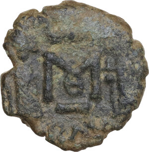 reverse: Constantine IV Pogonatus, with Heraclius and Tiberius (668-685).. AE Follis, Ravenna mint, uncertain date