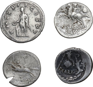 reverse: Roman Republic and Empire.. Multiple lot of four (4) unclassified AR coins, three Denarii and an Antoninianus