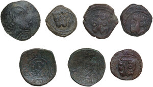 obverse: Kingdom of Sicily.. Multiple lot of seven (7) unclassified bronze coins from Medieval Sicily, including: Ruggero II, Guglielmo I, Guglielmo II
